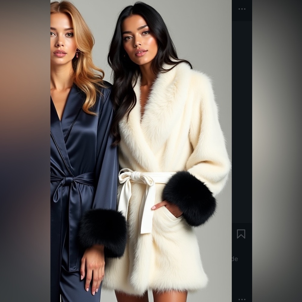 White Faux Fur Coat with Black Cuff Trim